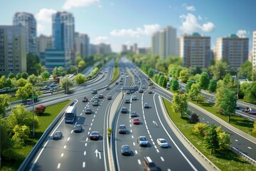 Fototapeta premium A busy city highway surrounded by lush greenery and modern buildings under a clear blue sky.