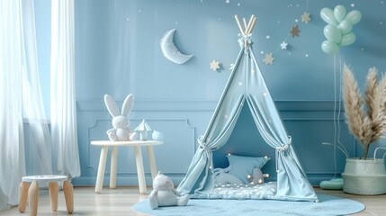 Children's playroom with tent, dolls and table