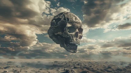 Floating Skull in Surreal Desert Landscape
