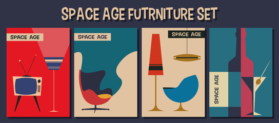 Space Age Style Furniture, Armchair, TV, Floor Lamp, Ceiling Lamp, Bottle and Glass. Mid Century Modern Colors, 1950s - 1960s Style and Design