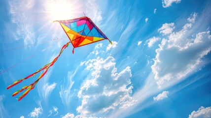Colorful kite flying in sunny blue sky with white clouds