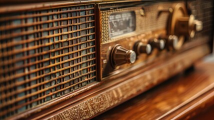 Vintage radio with buttons and dials on wooden surface