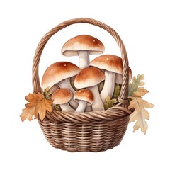 Cute watercolor basket of mushrooms, illustration