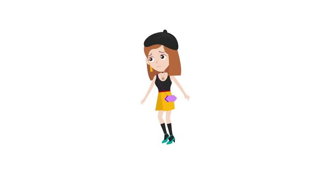 beautiful cute cartoon fashion girl walking tiptoe reaction 2d animation and background, animated cartoon character lady walking tiptoe, women, beauty 4k