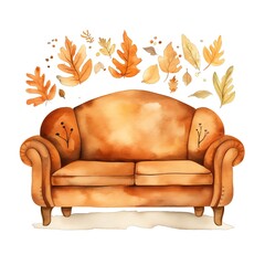 Cute watercolor cozy orange sofa in fall autumn, illustration