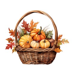 Cute watercolor fall autumn basket with pumpkins, illustration