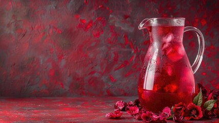 Transparent pitcher with red floral beverage on textured surface