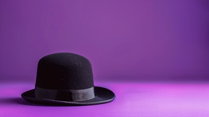 Black bowler hat on pink-purple gradient background with shadow Classic headgear modern backdrop