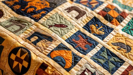 Colorful handmade quilt with animal and geometric patterns, showcasing intricate stitching on various fabrics