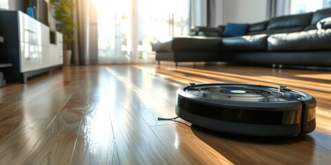 Robotic vacuum cleaner cleaning floor in living room at home. 3d rendering high-tech home with modern furniture and robotic vacuum cleaning the floor.