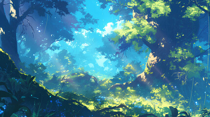 magical lush green forest with foliage