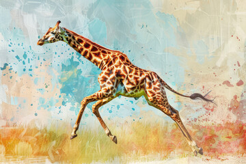 running giraffe outdoors, in style of an aquarelle
