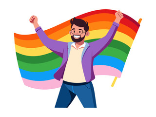 LGBTQ man celebrate with Pride Rainbow flag. PRIDE month.
