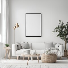 An vertical empty poster frame mockup adorning the walls of a serene Scandinavian white style living room interior, creating a sense of tranquility