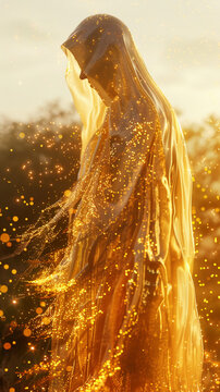 Enigmatic entity, flowing cloak of energy, contemplative moment amidst virtual landscapes, artificial intelligence at play, 3D render, golden hour, double exposure