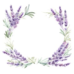 Obraz premium Watercolor wedding frame adorned with lavender sprigs and greenery, blank copy space in the center. -ar 3:2