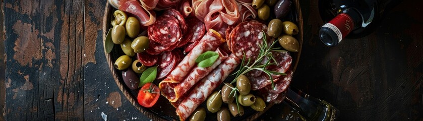 Platter of Italian antipasti featuring cured meats, cheeses, and olives, overhead shot with a bottle of Chianti, traditional Tuscan vineyard in the distance