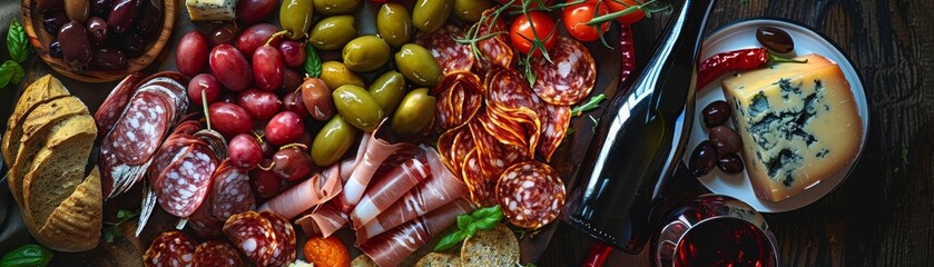 Platter of Italian antipasti featuring cured meats, cheeses, and olives, overhead shot with a bottle of Chianti, traditional Tuscan vineyard in the distance