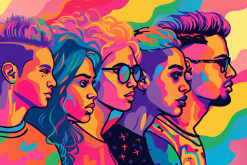 A poster features several lgbt people with different colored hair, in the style of pop art illustration, fauvist color explosions, oil painting, color gradients, colorful dreams, shaped canvas, symbol