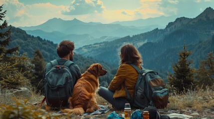 Roadside picnic with a dog and human, scenic mountain views, enjoying nature