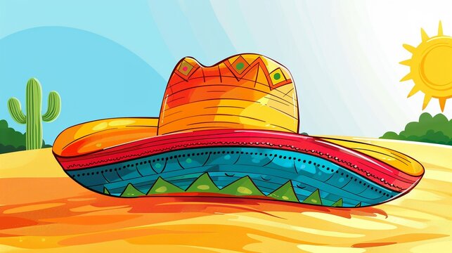 Minimalist image with Mexican hat, greeting message, bright colours, ample copy space, celebrating Mexico