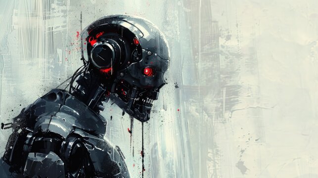 Illustration of an evil cyborg killer robot. A futoristic sci-fi artificial soldier. Digital painting with dripping paint effect