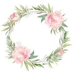 A delicate frame of pastel pink peonies and greenery, watercolor style, blank center space. -ar 3:2