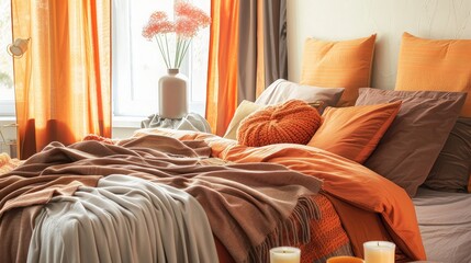 Bed with orange and brown linens in stylish room interior. generative ai