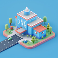 3D render modern hospital building with a blue exterior, surrounded by trees and cars, featuring a prominent entrance and medical cross symbols, representing a well-organized healthcare facility.