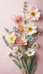 Spring flowers on a pastel colored paper texture background with copy space