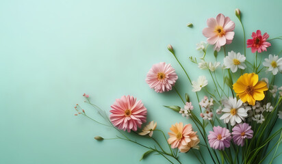 Spring flowers on a pastel colored paper texture background with copy space