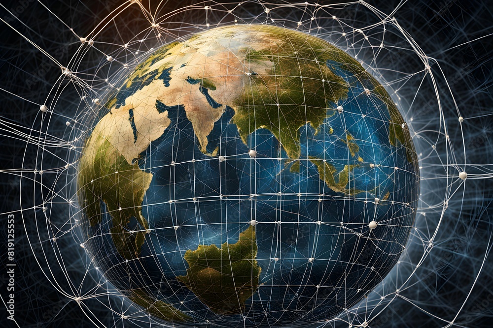 Poster global network connectivity depicted as a stylized data map. technology data background