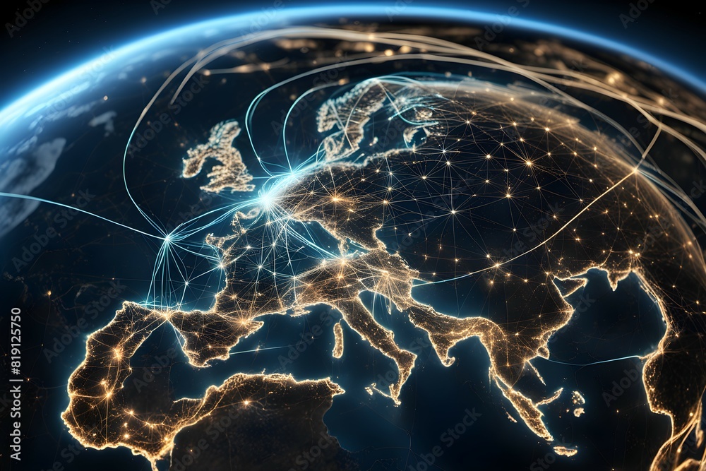 Poster global network connectivity depicted as a stylized data map. technology data background