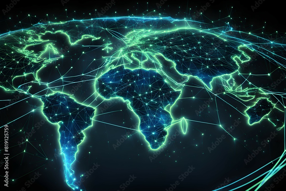 Poster global network connectivity depicted as a stylized data map. technology data background