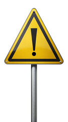 A triangular warning sign with a black exclamation point in the center, mounted on a silver pole.
