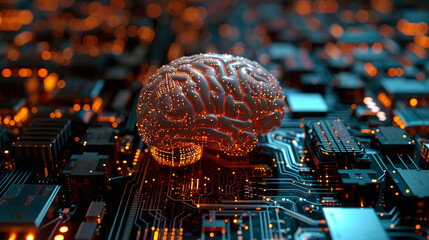Big data and artificial intelligence concept. Human brain glowing from processor, symbolizing the fusion of human intelligence and machine learning