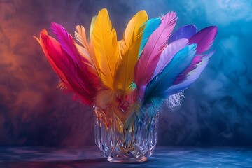 A classic still life featuring a crystal vase overflowing with colorful feathers in rainbow hues,...