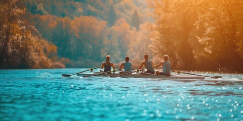 Four people rowing in a boat on a lake surrounded by trees in the fall AIG51A.