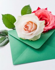 Rose flowers on white background with green envelope and copy space. Mockup image. AI generated