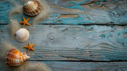 High-resolution photo , summer and sea themed flat lay with shell , sand on a rustic wooden background ,