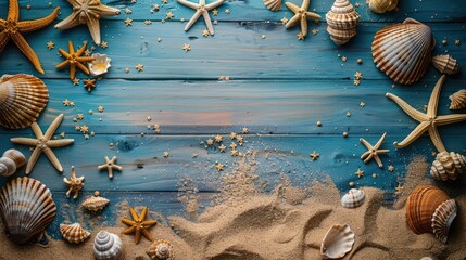 High-resolution photo , summer and sea themed flat lay with shell , sand on a rustic wooden background ,