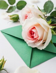 Rose flowers on white background with green envelope and copy space. Mockup image. AI generated