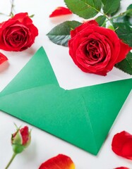 Rose flowers on white background with green envelope and copy space. Mockup image. AI generated