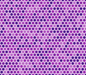 Honeycomb mosaic hexagons background. Simple hexagon grid with inner solid cells. Purple color tones. Hexagon shapes. Seamless pattern. Tileable vector illustration.