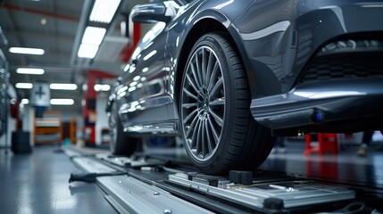 Obraz premium Professional car alignment and camber fixing services in a specialized vehicle garage workshop