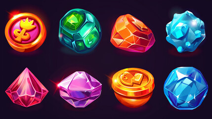Set of slot game icons on dark background, Illustration
