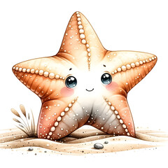 An illustration for summer, Starfish clipart crawling on the sand, rendered in watercolor style. 
