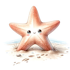 An illustration for summer, Starfish clipart crawling on the sand, rendered in watercolor style. 