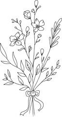 Bouquet of wild flowers line art. Hand drawn flowers, wild plants, botanical elements for design projects. Vector illustration.