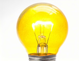 Glowing yellow light bulb on white. AI generated